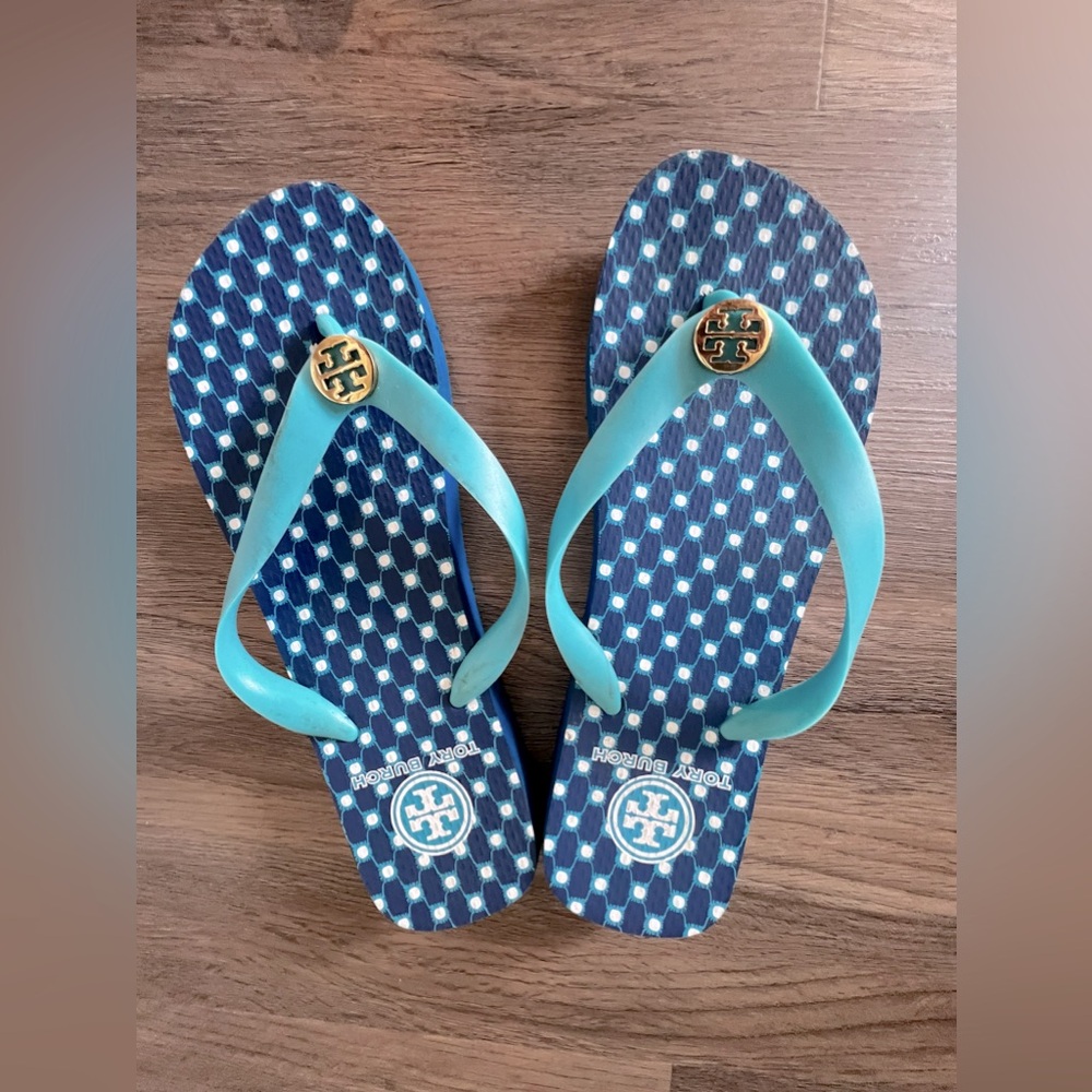 Tory Burch Blue & Gold Flip Flops